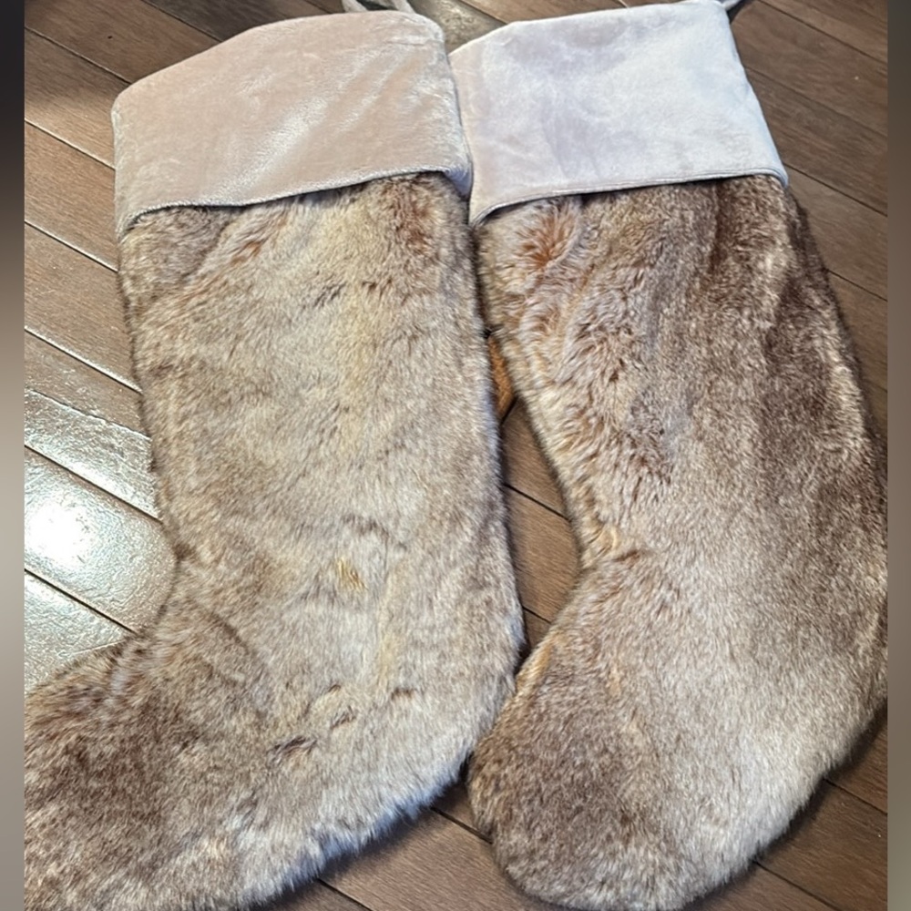 Restoration Hardware Faux Fur Holiday Stockings - Brown and Cream